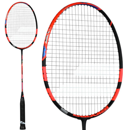 The Babolat X-Feel Blast Badminton Racket in red, from the brand Babolat, is showcased in two perspectives: a close-up of its head and an overall view of the entire racket. The design incorporates a black handle with a grip. The frame features colorful accents that are enhanced by XP AERO TUBING technology.