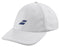 The Babolat Pure Logo Cap - White by Babolat is a lightweight baseball cap made from recycled polyester. It showcases a small dark blue logo with two parallel lines on the front, a curved brim, and six ventilation eyelets for added comfort.