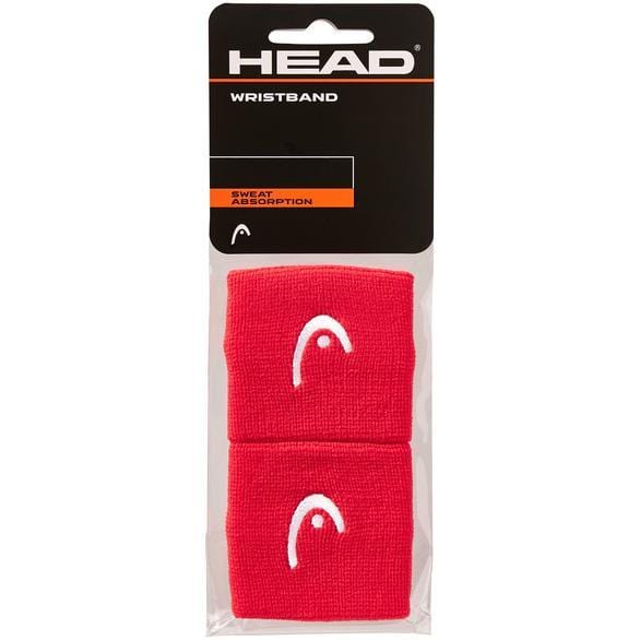 A set of red HEAD 2.5" Badminton Wristbands, made from nylon and elasthane for ultimate comfort. The wristbands display an embroidered white logo and come in packaging that highlights "Sweat Absorption" to ensure you stay dry during matches, featuring a clear plastic front with black and orange details.