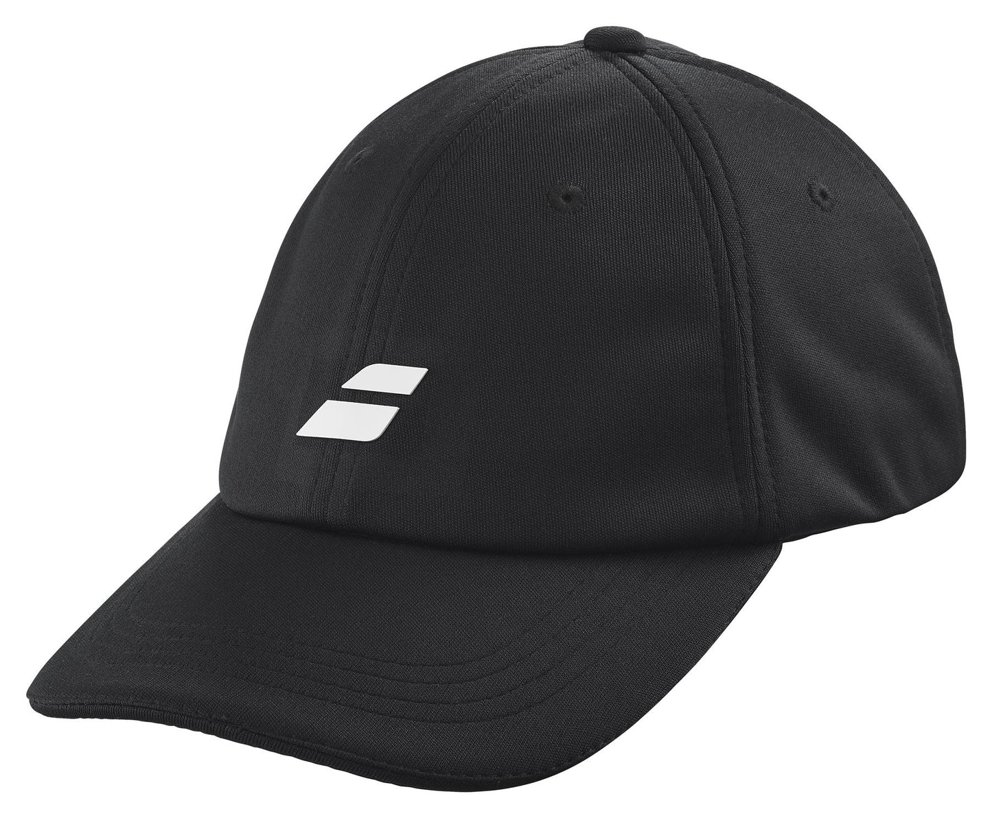 The Babolat Pure Logo Cap - Black, designed by Babolat, is made from lightweight, recycled polyester. It sports a curved brim and showcases a sleek small white logo on the front with two angled rectangular shapes for a modern, minimalist appearance.