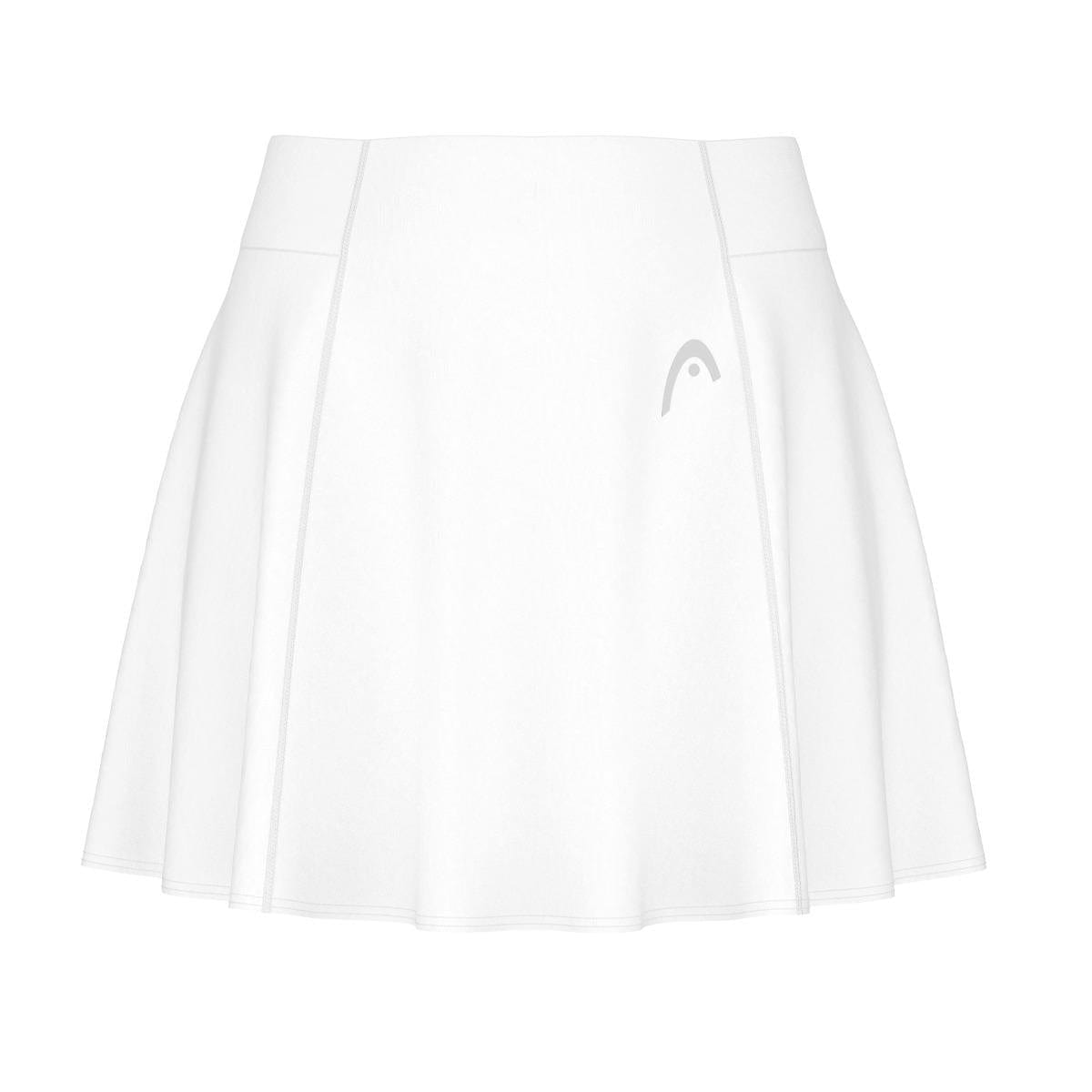 Introducing the HEAD Performance Women's Badminton Skort in White. This skort features a sleek, white pleated design with a subtle logo on the right side, complemented by a wide waistband and smooth fabric. Made from moisture-transfer microfiber with built-in inner shorts, it offers the perfect combination of style and functionality for both tennis and badminton. Presented against a plain white background.