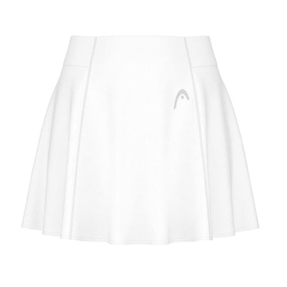 Introducing the HEAD Performance Women's Badminton Skort in White. This skort features a sleek, white pleated design with a subtle logo on the right side, complemented by a wide waistband and smooth fabric. Made from moisture-transfer microfiber with built-in inner shorts, it offers the perfect combination of style and functionality for both tennis and badminton. Presented against a plain white background.