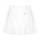 Introducing the HEAD Performance Women's Badminton Skort in White. This skort features a sleek, white pleated design with a subtle logo on the right side, complemented by a wide waistband and smooth fabric. Made from moisture-transfer microfiber with built-in inner shorts, it offers the perfect combination of style and functionality for both tennis and badminton. Presented against a plain white background.