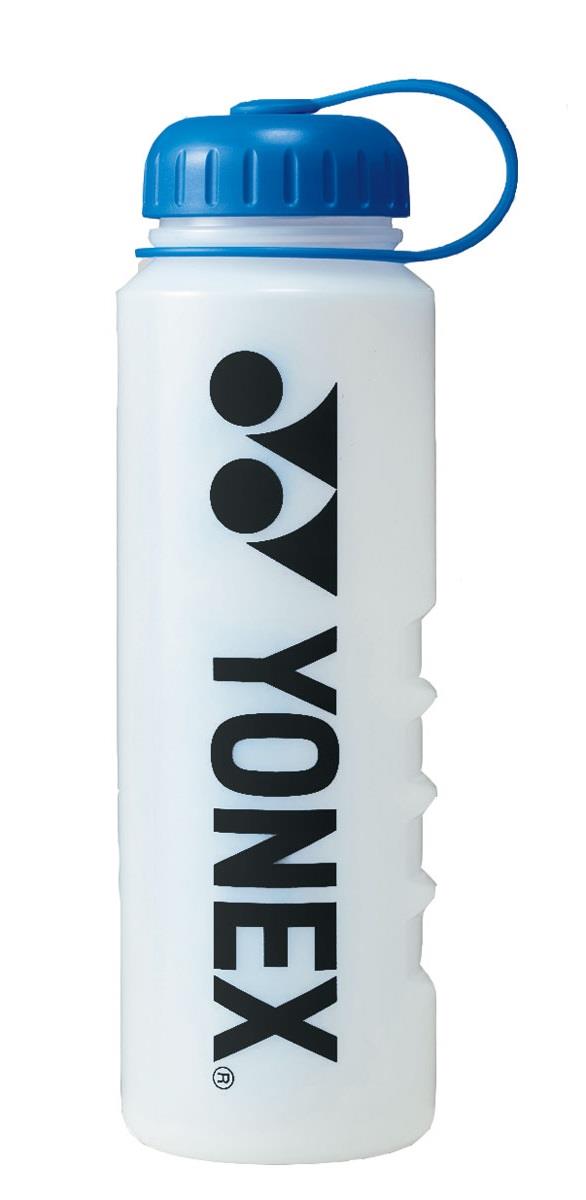 Introducing the Yonex AC589 Sports Bottle - Blue: a sleek white bottle featuring a convenient handle and a blue screw-on lid. Perfect for hydration on the go, it showcases a large black "YONEX" logo down its side, making it an ideal choice for athletes who want to stay refreshed during any activity.