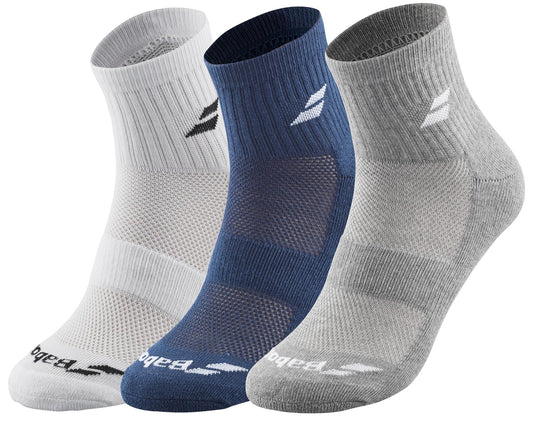 Babolat Quarter 3 Pack Badminton Socks - White / Blue / Grey
