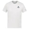 The Le Coq Sportif Pro Men's Badminton T-Shirt in Optical White, from the K-Swiss brand, showcases a minimalist design with a small "Le Coq Sportif" logo on the upper left chest. Made from breathable polyester, it features a stylized rooster and is designed with short sleeves to highlight simplicity, comfort, and ease of movement.