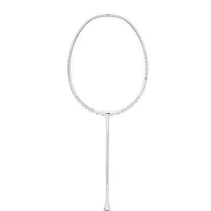 The Li-Ning Turbo Charging Marshal 4U Badminton Racket - White, crafted by Li-Ning, boasts a slim frame and a clean, minimalist design. Equipped with tightly woven strings, it delivers both power and control while being highlighted against a simple white background.