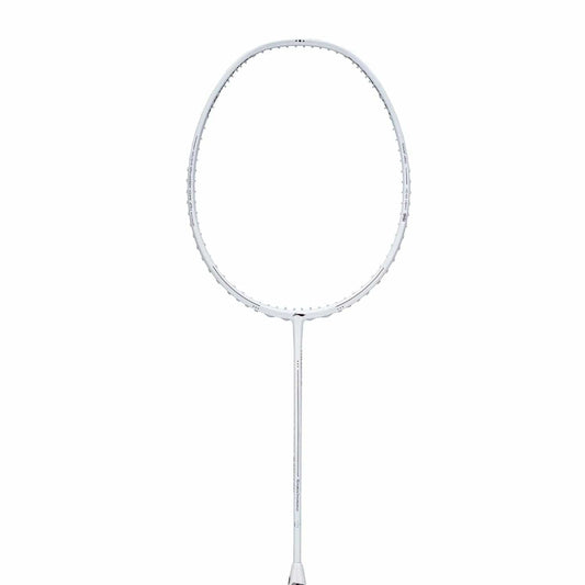 The Li-Ning Turbo Charging Marshal 4U Badminton Racket - White, crafted by Li-Ning, boasts a slim frame and a clean, minimalist design. Equipped with tightly woven strings, it delivers both power and control while being highlighted against a simple white background.