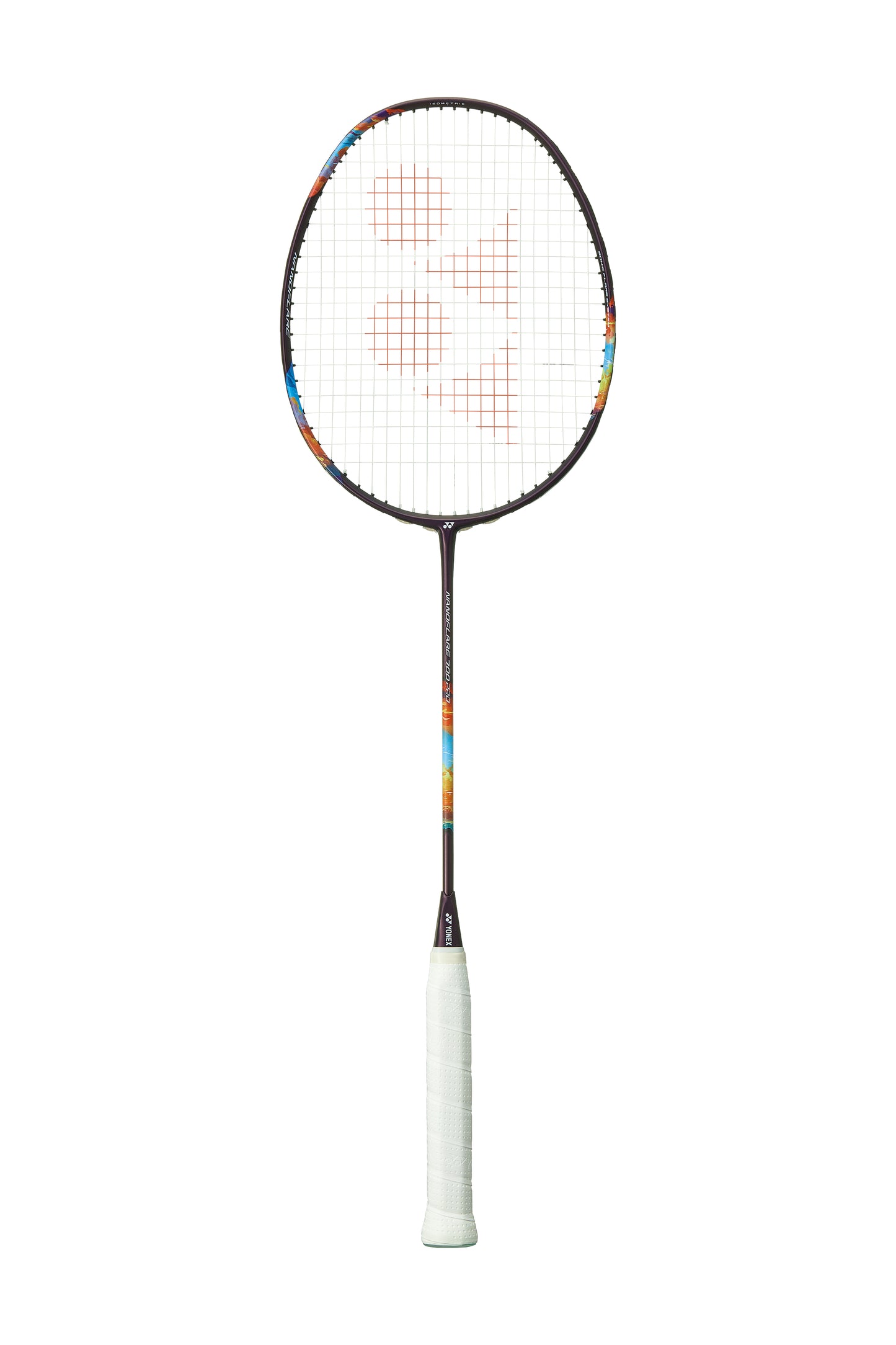 The Yonex Nanoflare 700 Pro 4U Badminton Racket in Midnight Purple is an aggressive racket designed for advanced players who value precision and power. It features a circular head and grid-patterned strings, with a striking combination of colorful blue and orange designs on the shaft.