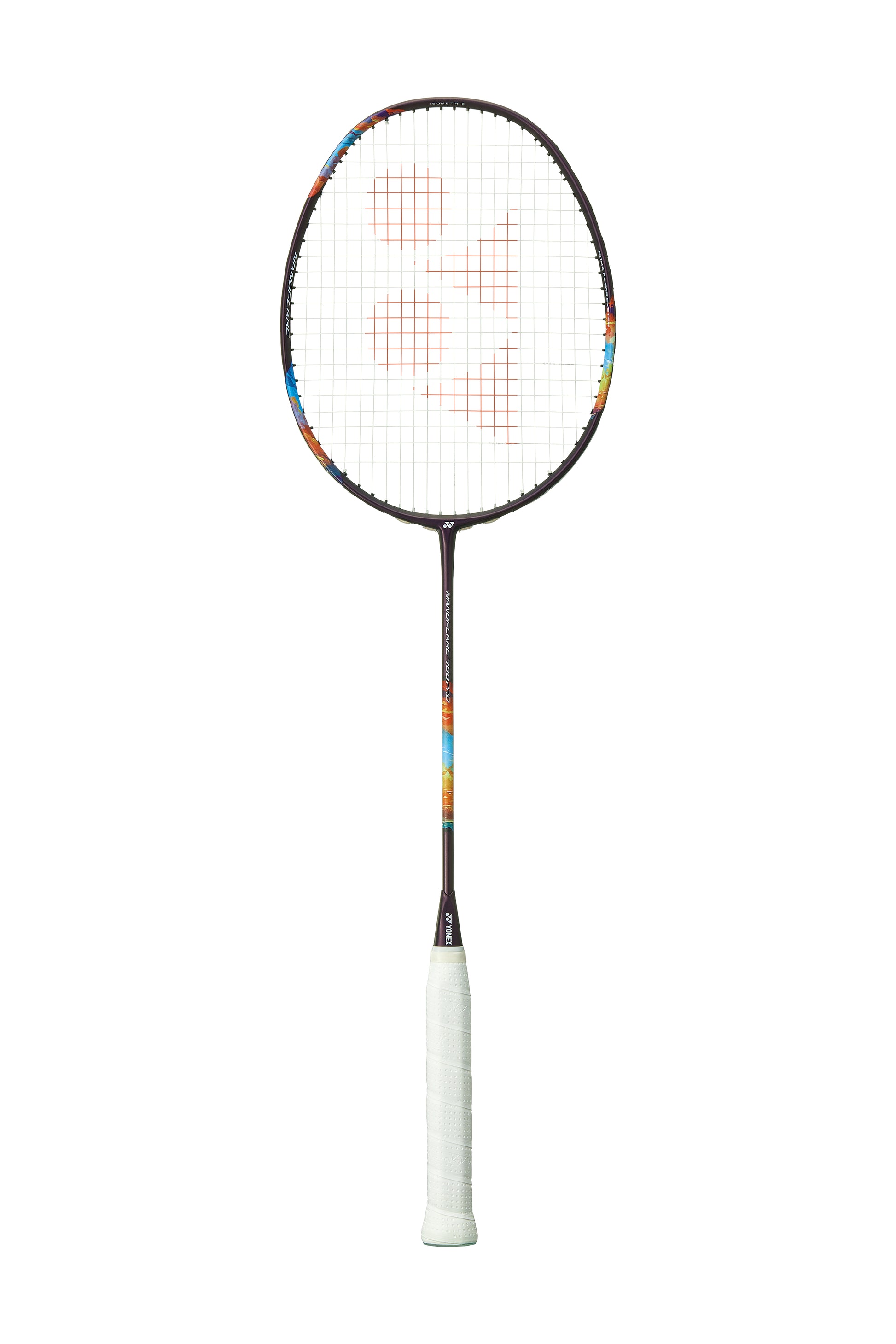 The Yonex Nanoflare 700 Pro 4U Badminton Racket in Midnight Purple is an aggressive racket designed for advanced players who value precision and power. It features a circular head and grid-patterned strings, with a striking combination of colorful blue and orange designs on the shaft.