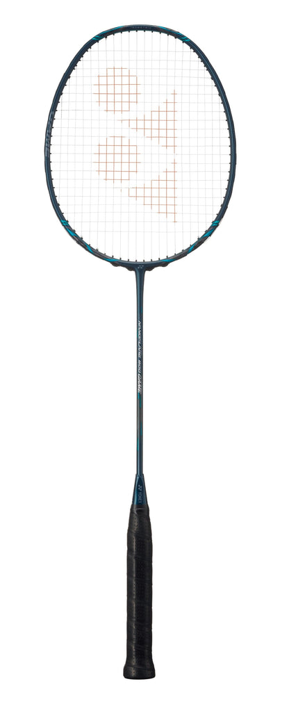 The Yonex Nanoflare 800 Game 4U badminton racket, offered in a deep green color, includes a distinct handle and frame. Its string pattern features a textured design, while the shaft displays the Yonex branding. Designed for intermediate players, this racket is prominently displayed against a plain white background.