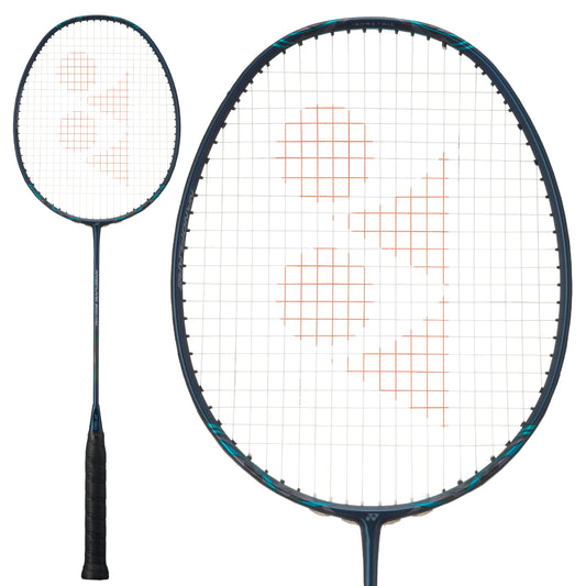 The Yonex Nanoflare 800 Pro 3U badminton racket in Deep Green features a sleek black handle with a frame made from high-modulus graphite. The strings create an eye-catching orange pattern, highlighted in the main image that shows the entire racket and includes an enlarged section to emphasize the intricate string design.