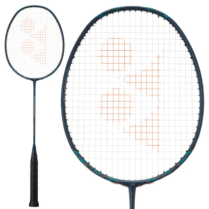 The Yonex Nanoflare 800 Pro 4U Badminton Racket in deep green includes a frame made from high-modulus graphite. Its string pattern features an orange logo with diagonal lines and circles. The modern design is presented from two angles, emphasizing its state-of-the-art craftsmanship.