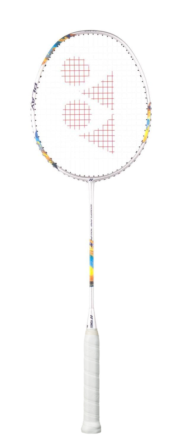 The Yonex Nanoflare 700 Play 4U Badminton Racket in Silver and Sky Blue boasts a sleek white frame adorned with a vibrant multicolored design on its shaft, complemented by a pristine white grip. Set against a plain backdrop, its red string pattern intricately creates a logo at the center of the head, making it perfect for beginner players prioritizing both style and precision.