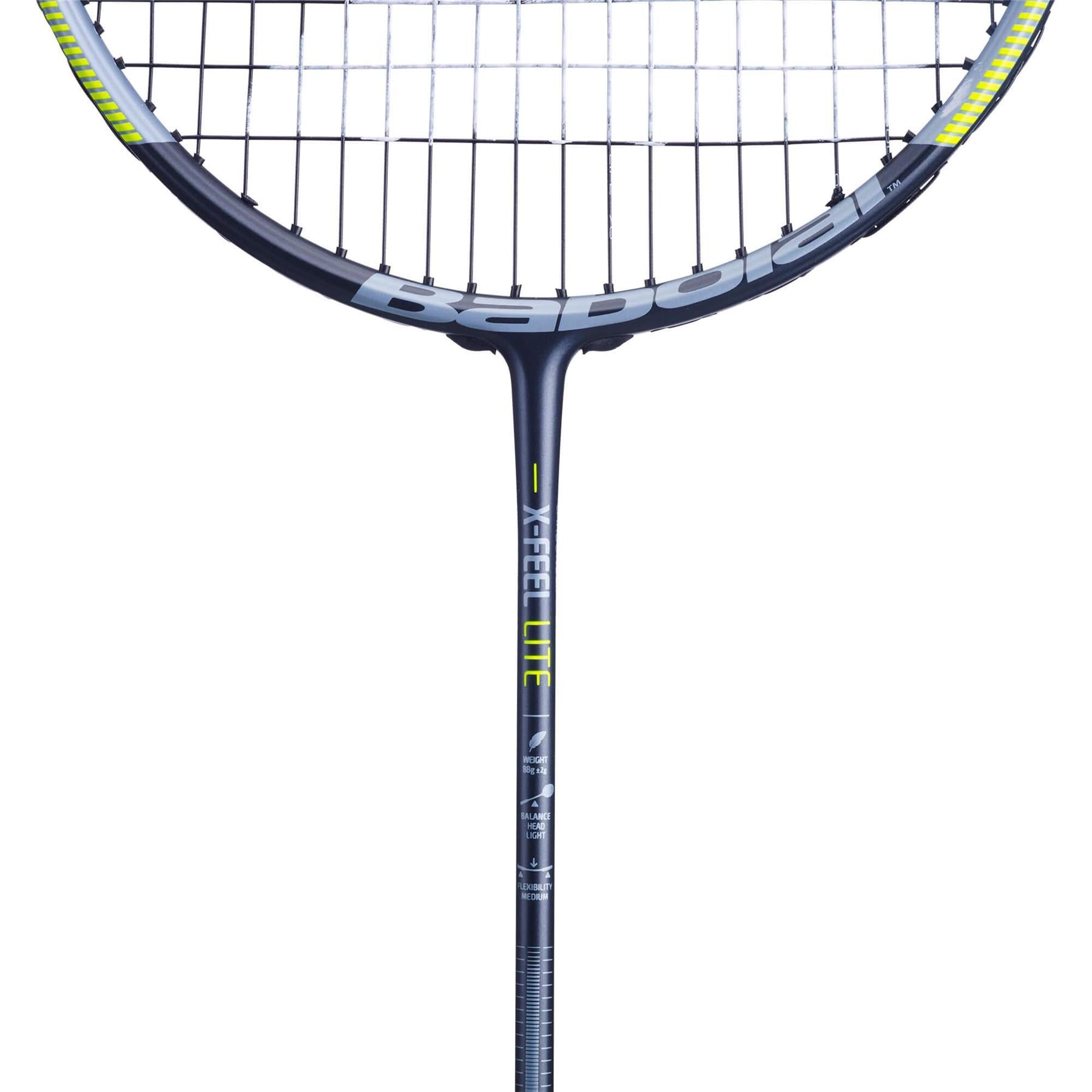 A close-up of the Babolat X Feel Lite badminton racket featuring a blue-grey frame, enhanced with the advanced Metriflex System for superior performance. The tightly strung strings and the prominent Babolat logo are clearly visible on both the handle and frame, all set against a plain white background.