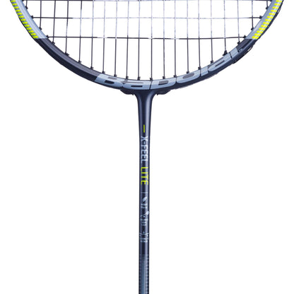 A close-up of the Babolat X Feel Lite badminton racket featuring a blue-grey frame, enhanced with the advanced Metriflex System for superior performance. The tightly strung strings and the prominent Babolat logo are clearly visible on both the handle and frame, all set against a plain white background.