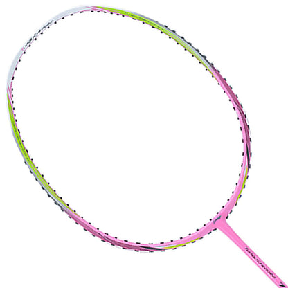 The Li-Ning Turbo Charging 70 Instinct Badminton Racket - Pink boasts a pink and green frame that highlights its oval form against a pristine white backdrop.