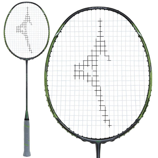 The Mizuno XYST 02 Badminton Racket by Mizuno boasts a green and black frame adorned with a unique logo on the strings. Its handle is equipped with a gray grip, ensuring comfort during play. The images present this head-heavy racket from two perspectives, emphasizing its exceptional design and craftsmanship.