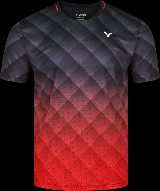 The Victor Team Line Unisex Badminton T-Shirt T-13100 C in Black/Red by Victor showcases a trendy diamond pattern that transitions to red at the bottom. Made from recycled materials, it features a discreet white logo on the upper right side, making it an ideal choice for any fan of the Victor Team Line or as a versatile unisex badminton t-shirt.