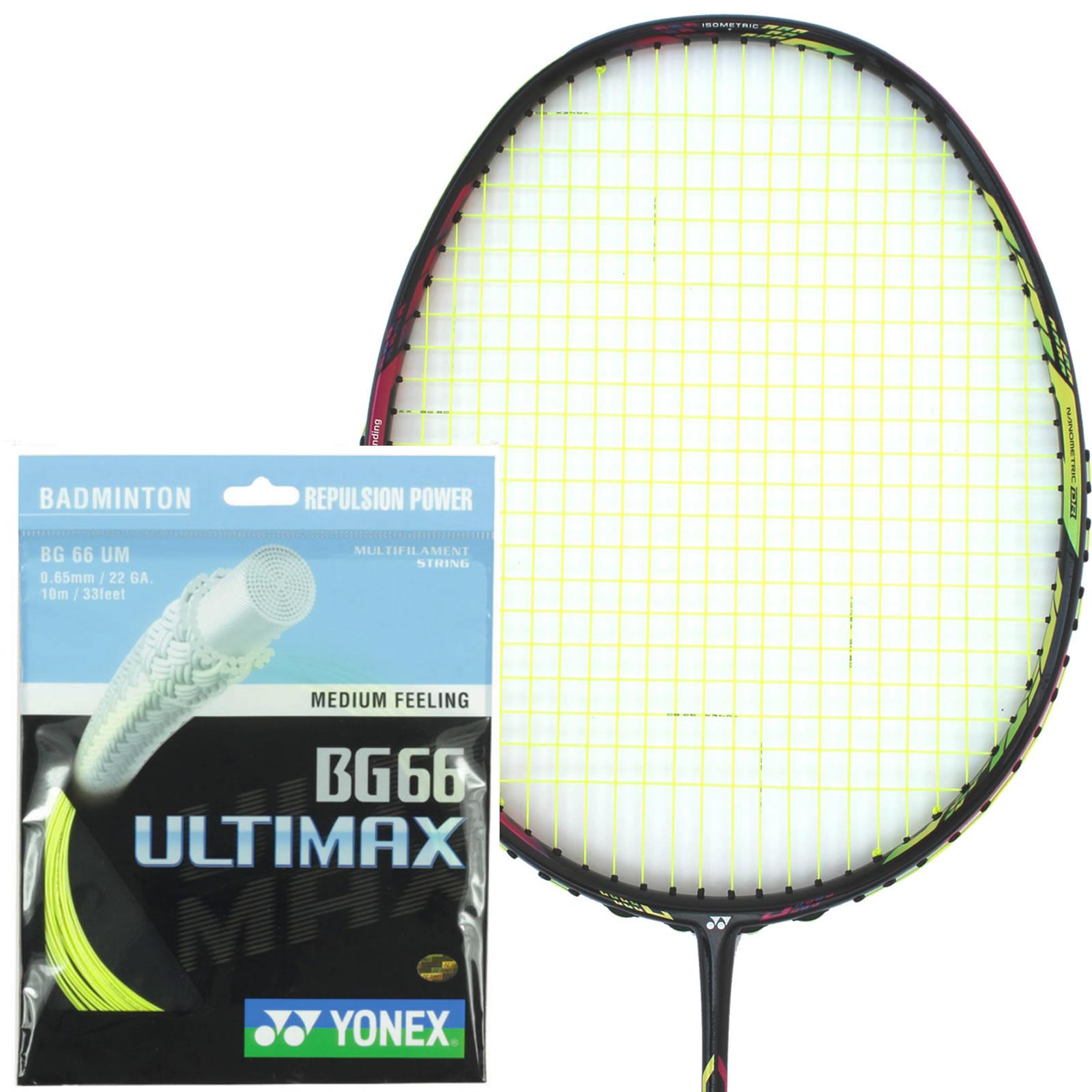 A Yonex badminton racket, equipped with the Yonex BG 66 Ultimax Badminton String in yellow, is showcased alongside its packaging. This high-intensity multifilament string is renowned for offering maximum speed and a medium feel, with a gauge of 0.65mm.