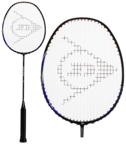 The Dunlop Revo Star Drive 87 Badminton Racket in black is crafted from High Modulus Graphite and features a white stringed net with a logo-like pattern. Enhanced performance is provided by an anti-torsional regulator, while its elegant black handle and slender shaft beautifully contrast against the plain white background.