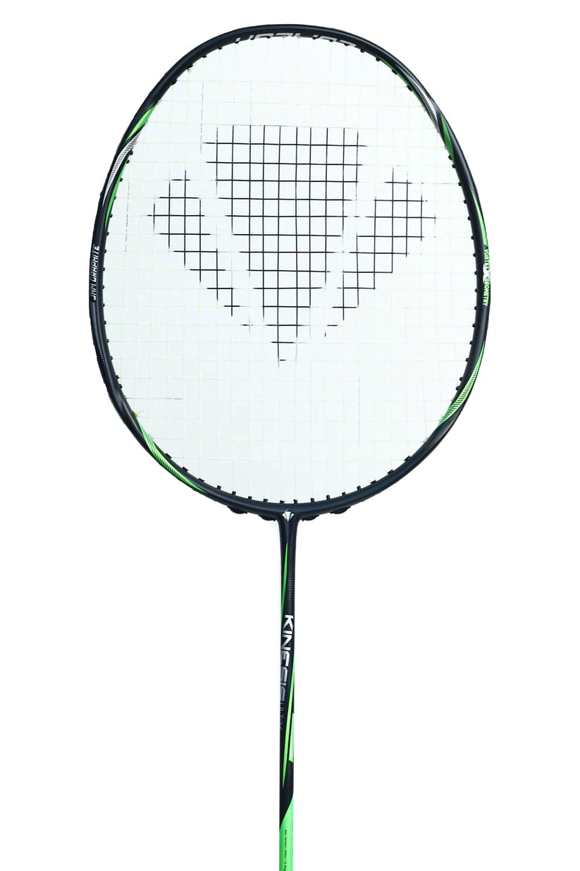 Introducing the Carlton Kinesis Ultra S-Tour Badminton Racket in black with green accents. This racket features the Vortex Geometry string pattern, creating a unique geometric design on the racket head. The Xtreme Tension Frame and robust shaft are engineered to deliver optimal performance in every game.