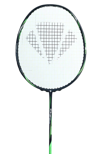 Introducing the Carlton Kinesis Ultra S-Tour Badminton Racket in black with green accents. This racket features the Vortex Geometry string pattern, creating a unique geometric design on the racket head. The Xtreme Tension Frame and robust shaft are engineered to deliver optimal performance in every game.