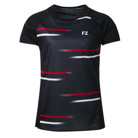 The FZ Forza Mobile Women's Badminton T-Shirt in black showcases Danish design with white and red horizontal stripes and the "FZ" logo on the upper left. Designed for badminton clothing enthusiasts, it offers a straightforward, modern aesthetic and features Dryforze technology on a white background.