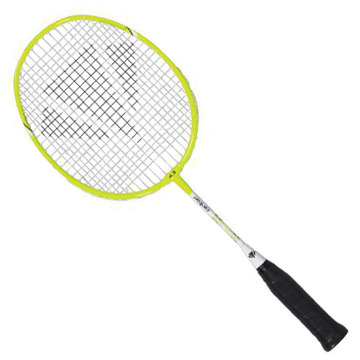 The Carlton Mini-Blade ISO 4.3 Junior Badminton Racket - White / Yellow by Carlton is a beginner's racket for juniors, showcasing a striking yellow design with a black grip and a crisscrossed string pattern on the head against a pristine white background.