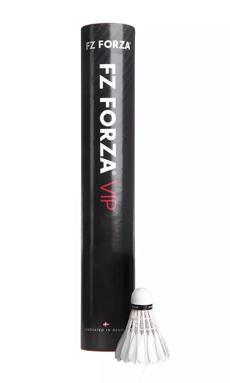 A cylindrical black tube of FZ Forza VIP Badminton Feather Shuttlecocks - Speed 78 x 12 stands upright next to a single white tournament-level feather shuttle. The tube, adorned with bold white and red text, guarantees excellent flight for players seeking top performance.