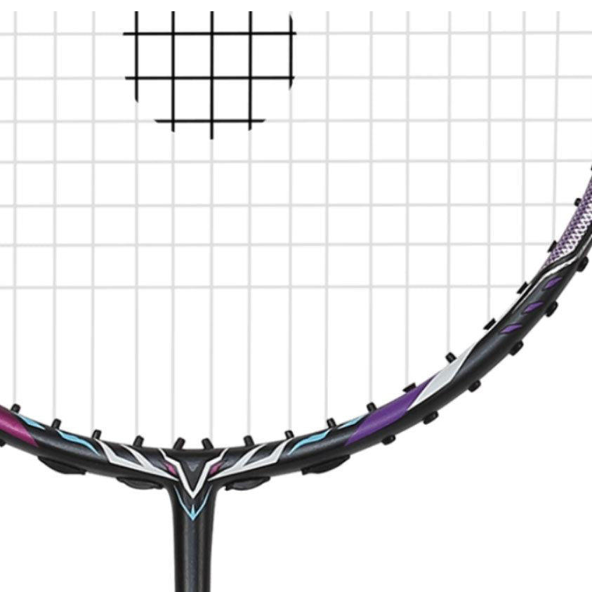 Close-up of a Victor Thruster Ryuga II 3U Badminton Racket head in purple, popular among offensive players like Lee Zii Jia. It showcases a black frame with vivid accents and tightly strung strings creating a grid pattern against a plain white background, emphasizing the racket's design elements.