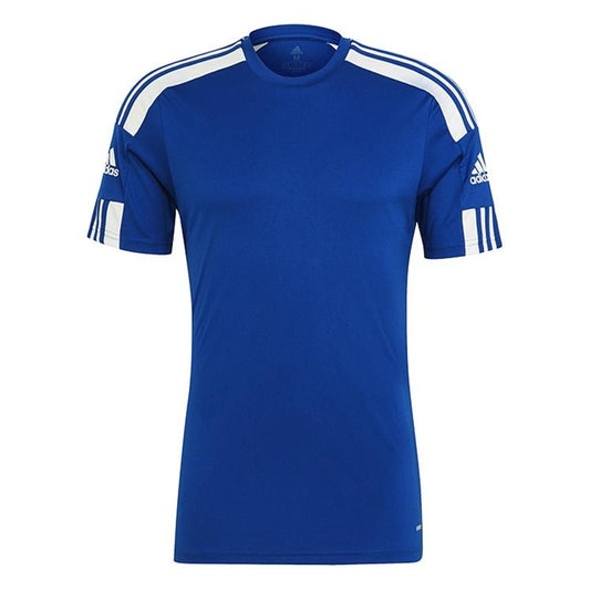 The Adidas Squadra 21 Men's Jersey T-Shirt in Royal Blue showcases white stripes along the shoulders and sleeves. It features the Adidas logo on the right sleeve and the left chest. Designed with Aeroready Technology, this jersey ensures comfort with its crew neck and short sleeves.