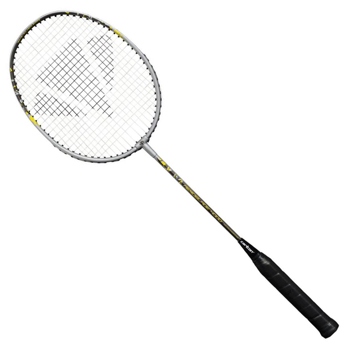 The Carlton Aeroblade 4000 Badminton Racket by Carlton boasts a black grip and a silver frame highlighted with yellow accents. Crafted from titanium composite, it is renowned for its head-heavy power, displayed against a white background with its tightly woven strings clearly visible.