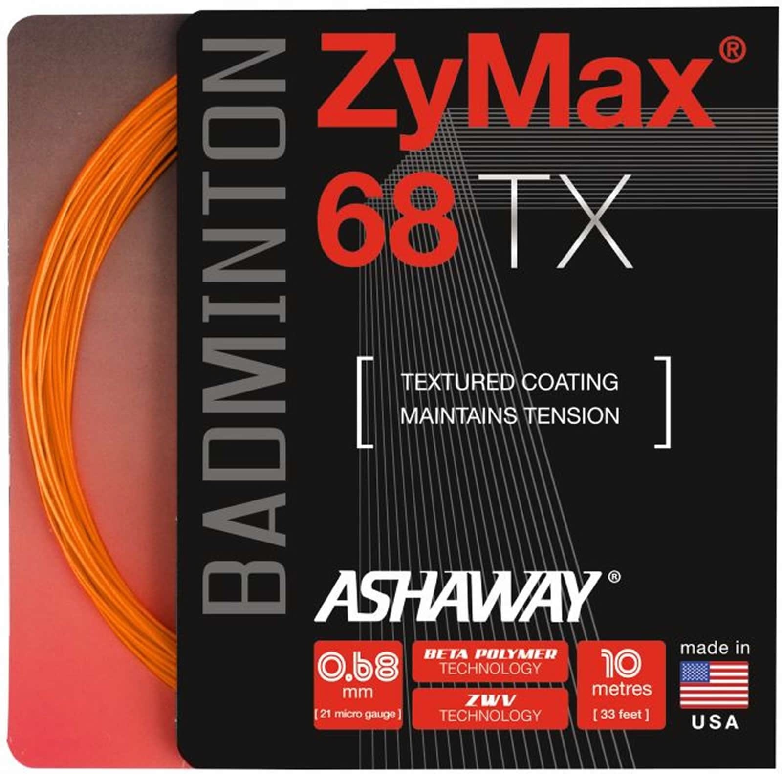 The image displays the Ashaway Zymax 68 TX Badminton String Orange packaging, highlighting its BETA polymer fibers and ZyWeave string technology. The package underlines features such as a textured coating, outstanding tension maintenance, with specific details of a 0.68 mm thickness and a 10-meter length, made in the USA.