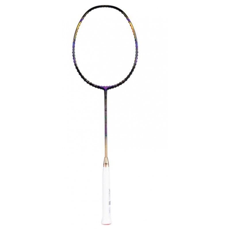 The Li-Ning Aeronaut 9000 Instinct Badminton Racket, boasting a dynamic-optimum frame and wing stabilizer, is showcased with its white handle and dark-colored frame against a simple white background.