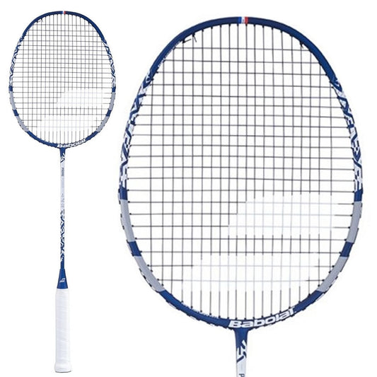 The Babolat Prime Power Badminton Racket in Grey Blue features a white grip and tightly strung strings, highlighting its intensity and versatility. The image provides two perspectives: a full-length view and a close-up of the head, displaying the boldly printed "Babolat" logo. The PRIME POWER design is engineered to deliver optimal performance on the court.