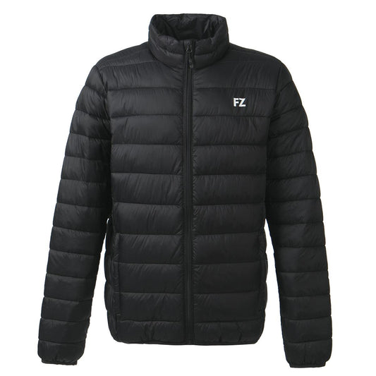 The FZ Forza Sinos Pro-Lite Badminton Jacket in black features a high collar and front zipper, along with down padding for enhanced warmth. It is designed with horizontal stitching and a modest "FZ" logo on the left chest, offering both style and functionality as a lightweight jacket choice.