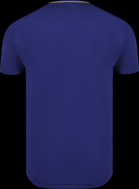 A blue short-sleeved shirt displayed from the back on a black background. This Victor Team Line Unisex Badminton T-Shirt, designated as model T-13101 B, is part of the VICTOR collection and features a minimalist design without visible logos or patterns, made from recycled materials for an eco-friendly appeal.