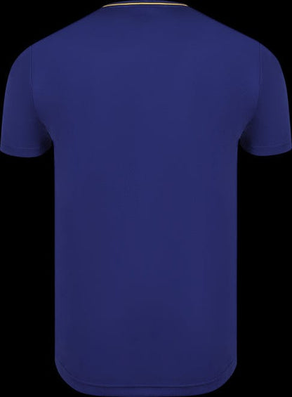 A blue short-sleeved shirt displayed from the back on a black background. This Victor Team Line Unisex Badminton T-Shirt, designated as model T-13101 B, is part of the VICTOR collection and features a minimalist design without visible logos or patterns, made from recycled materials for an eco-friendly appeal.