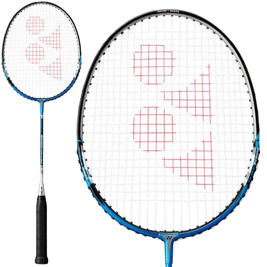 Introducing the Yonex B7000 MDM Muscle Mega Badminton Racket in Silver Blue, featuring a distinctive design with a black grip and white net adorned with bold red patterns. The advanced Mega-Frame design elevates performance, beautifully captured in detailed head close-ups and full-length images. An essential addition to any player's collection.