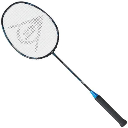 The Dunlop Nanoblade Savage Pro II Badminton Racket features a sophisticated black handle with stylish blue accents. Its slender shaft is made from flexible graphite, and the strings showcase an intriguing triangle pattern with a spiral inside, ideal for taking your game to the next level.