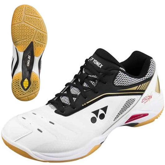 Introducing the Yonex Power Cushion 65XW Wide Badminton Shoes in White Gold, crafted by Yonex. These stylish shoes feature a wide fit and sleek design with black and gold accents. Equipped with the renowned Yonex Power Cushion, they provide superior comfort through breathable mesh materials and a non-marking gum rubber sole. Distinct branding elements and a secure black lace-up closure make them an ideal choice for badminton enthusiasts seeking both performance and style.