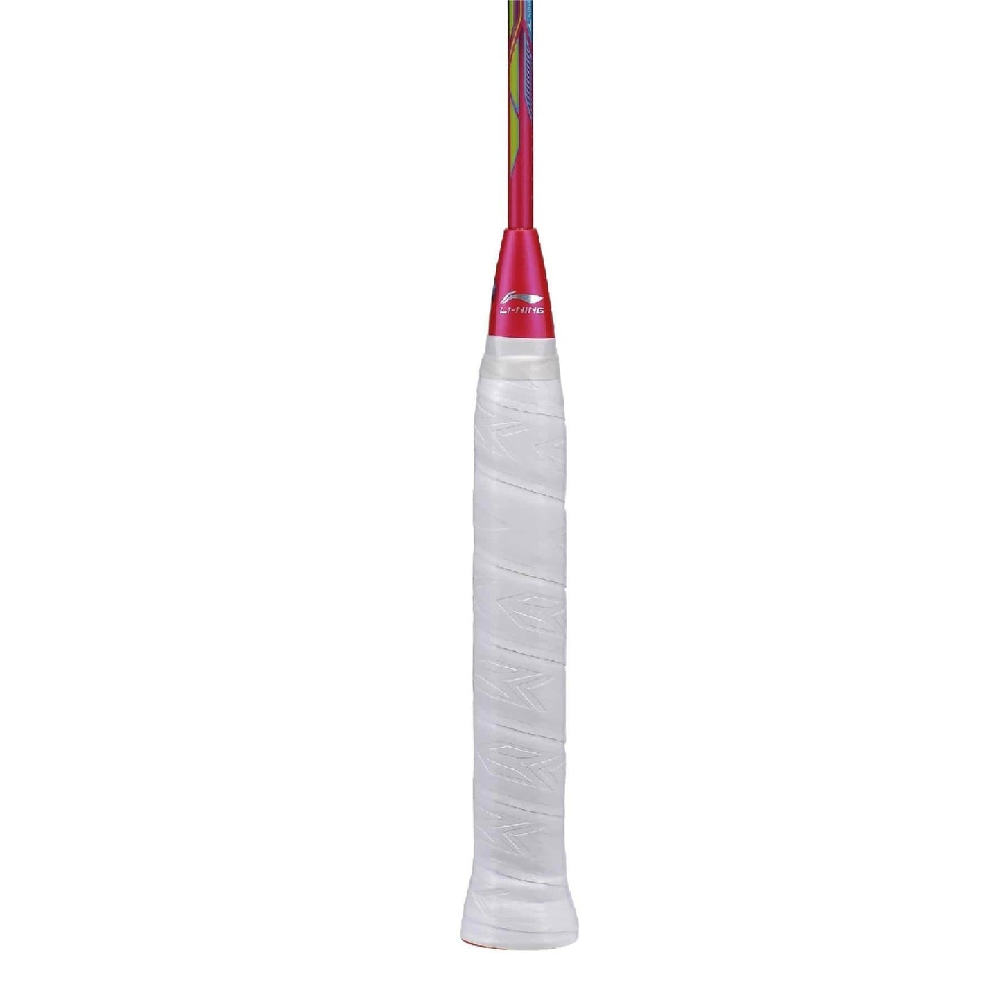 Close-up of a Li-Ning Turbo Charging 70 Boost 3U badminton racket handle wrapped in white grip tape with a red cone at the top. The design features visible textures and patterns that enhance comfort and control. Its aerodynamic efficiency stands out against a plain white background.