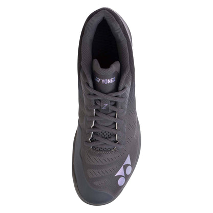 A top view of a single dark gray Yonex Power Cushion Aerus Z men's badminton shoe. This model showcases a sleek design with subtle patterns and the Yonex logo near the toe area. It features a lace-up closure, ideal for badminton enthusiasts looking for both performance and style.