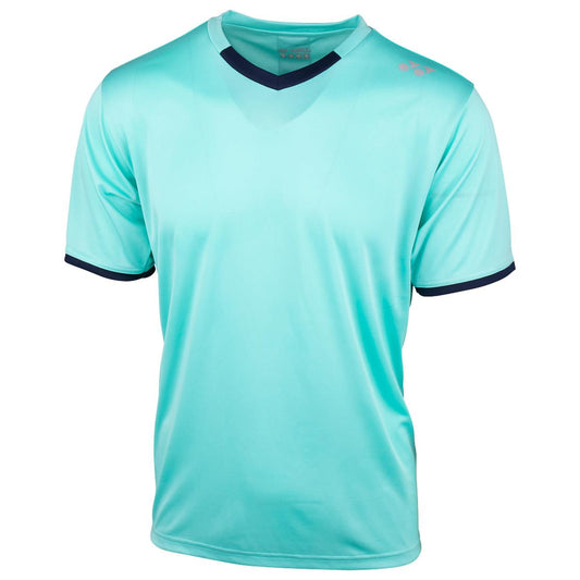 The Yonex YTM4 Men's Badminton T-Shirt is a breathable and lightweight jersey by Yonex, available in turquoise. It features short sleeves and a stylish dark blue V-neck collar, offering maximum comfort on the court with its soft fabric and minimal design.