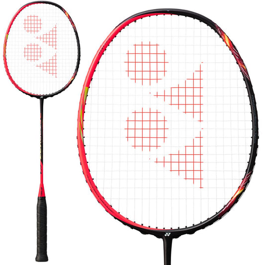 Close-up of a Yonex Astrox 77 Badminton Racket - Red showcases its vibrant frame with black accents and grip. The NANOMETRIC strings are white, adorned with red geometric patterns, complementing its ISOMETRIC design for peak performance.