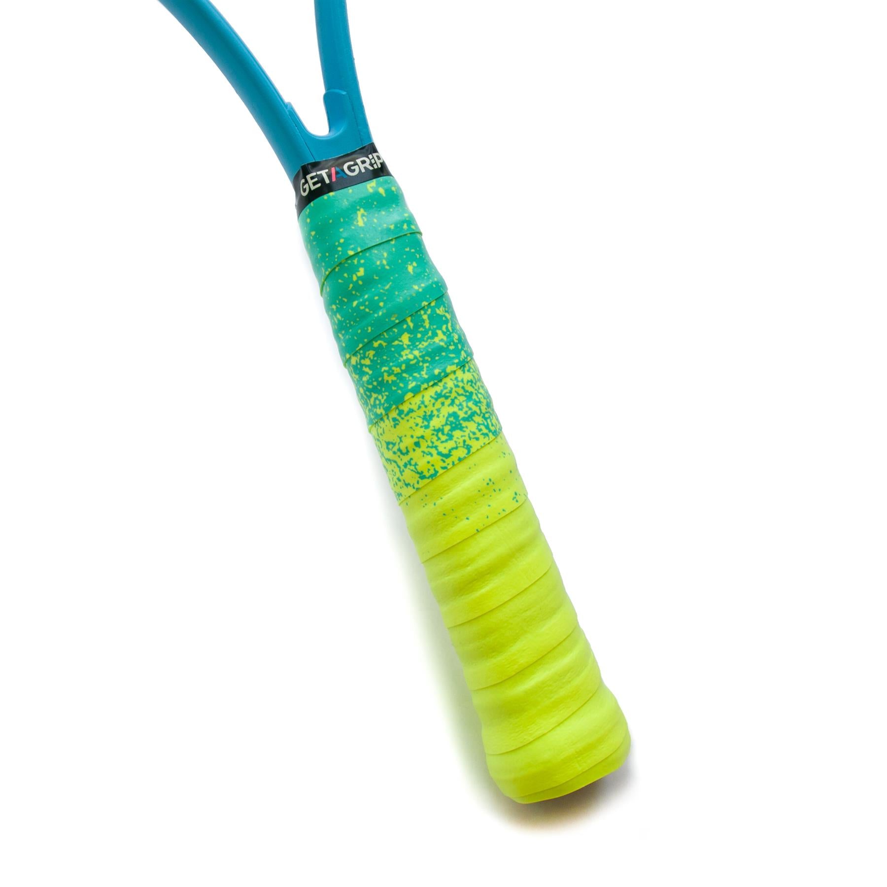 A close-up showcases the handle of a badminton racket wrapped in the Get A Grip Paint the Lines Neon / Yellow Blue Badminton Racket Overgrip. This textured grip offers a grippy, non-slip surface with moisture absorption in bright yellow and green hues. The blue frame contrasts against a black band near the top, which features the brand name "GET A GRIP," all set against a white background.