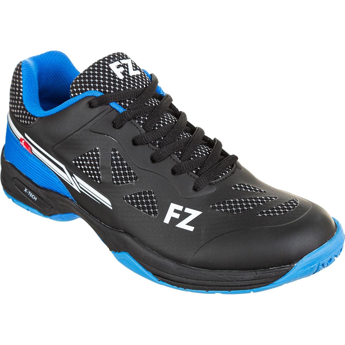 The FZ Forza Brace Men's Badminton Shoes in Black and Blue from the brand FZ Forza are ideal for badminton, featuring exceptional lateral support and a stylish mesh design with "FZ" on the side. They showcase a black upper with blue and white accents, a blue sole, and enhanced shock absorption to ensure superior performance.