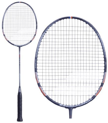 An image of the Babolat X-Feel Blast badminton racket showcasing its head-heavy design features a close-up of its round, tightly strung head and full length. The sleek racket displays a black handle and a grey-blue frame with subtle orange accents, enhanced by XP AERO TUBING for improved performance.