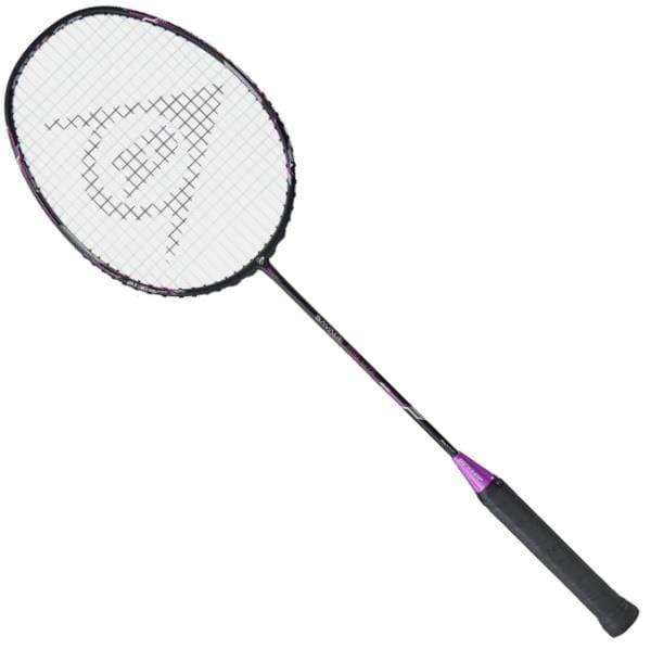 The Dunlop Nanoblade Savage Pro Lite Badminton Racket is designed with a flexible graphite frame, black handle, slim shaft, and a round head. It showcases a central triangular logo on the strings, combining style and precision for each game.